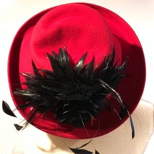 Red Wool Hat with Feathers